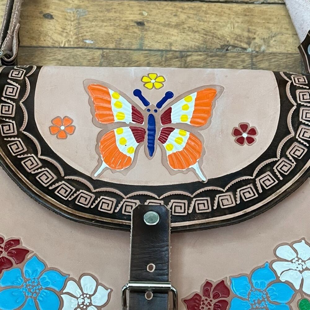 Mexican Hand-Tooled Leather Crossbody Bag Butterfly & Floral Design - Picture 8 of 14
